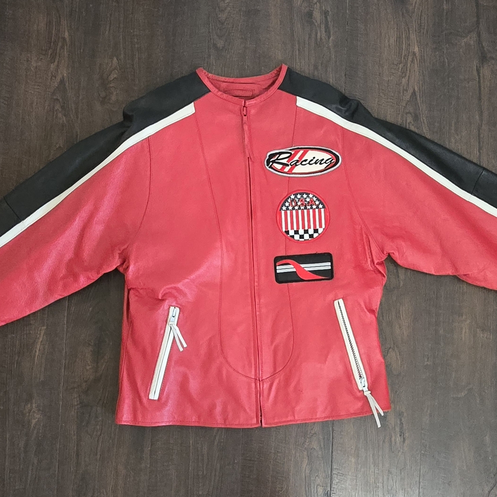 Red Racing Leather Jacket with Patches
